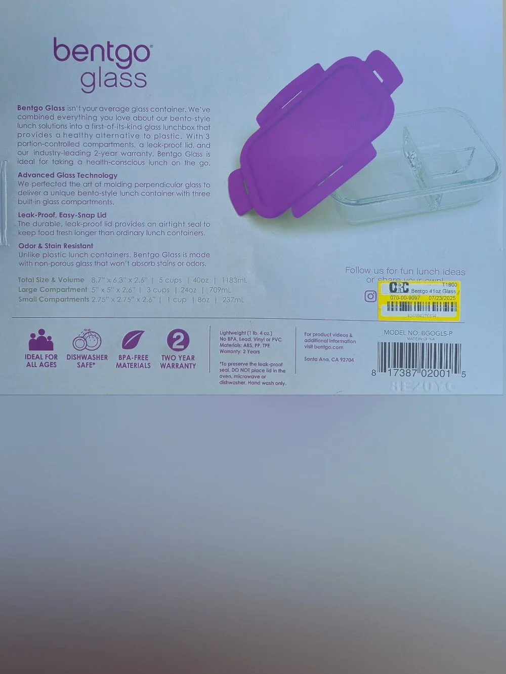 Bentgo Glass 3-Compartment Meal Container with Purple Lid